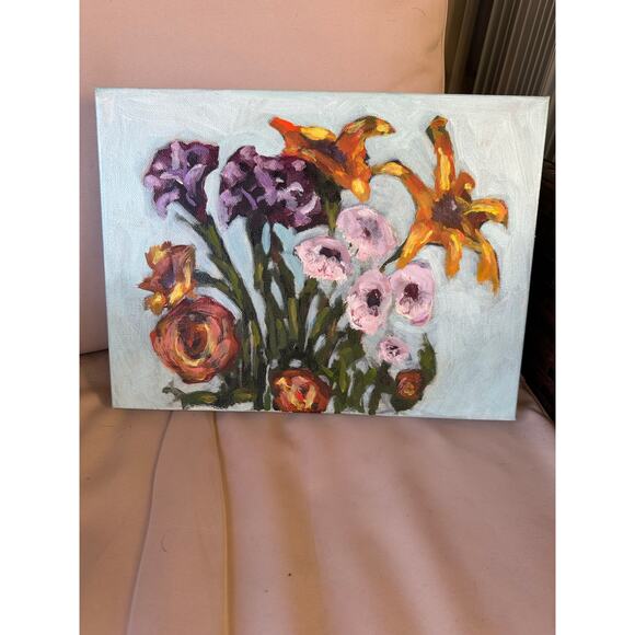 OOAK Original Oil Painting Colorful Happy Bouquet On Gallery Wrapped Canvas - Picture 5 of 5